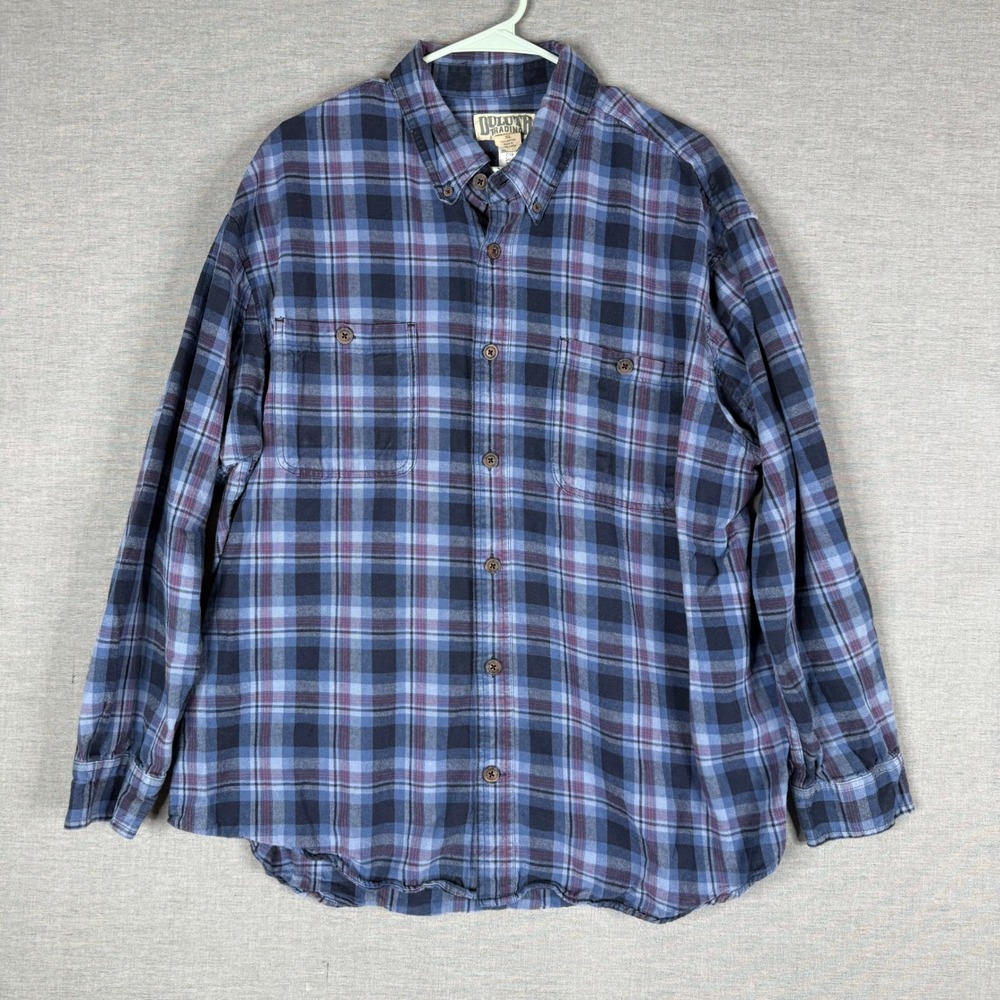 Duluth Trading Co Mens Flannel Shirt XL Blue Purple Plaid Button Up Long Sleeve